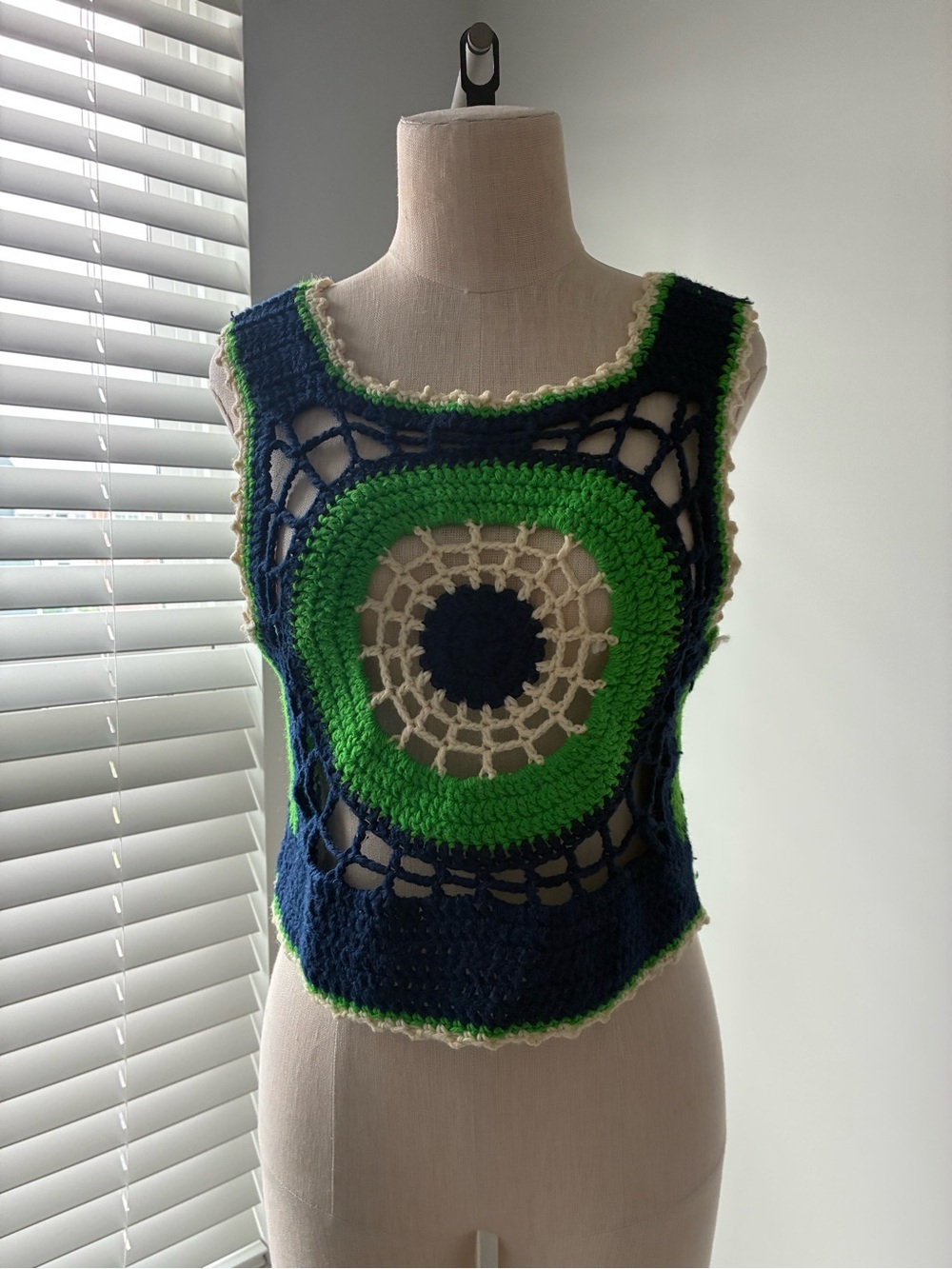 Handmade Unisex Crochet Blue and Green Sleeveless Top